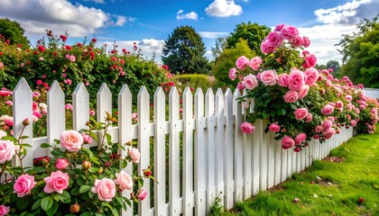 Lush garden view with pink roses climbing a white picket fence under a bright blue, cloudy sky on a sunny day