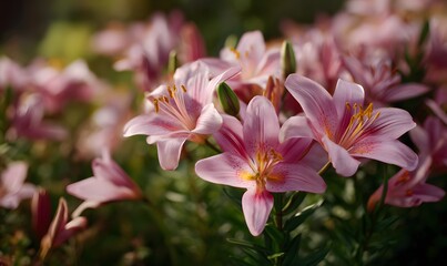 A field of soft pink lilies
