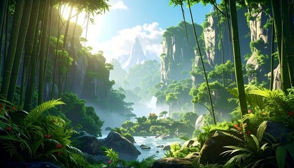 Lush tropical valley with bamboo, flowing river, and distant mountains under bright sky. Sunlight streams through foliage