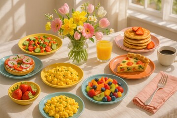 A Colorful Breakfast Spread Featuring Pancakes, Fresh Fruits, and Vibrant Salads with a Floral Centerpiece