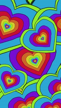Animation of pulsating rainbow hearts background