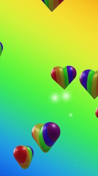 Animation of rainbow hearts over rainbow background