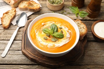 Delicious pumpkin cream soup with basil and seeds served on wooden table, closeup