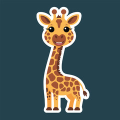 A cartoon giraffe with brown spots and a white outline standing on a dark teal background smiling sweetly