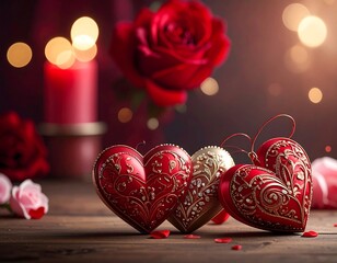 Romantic close-up of heart ornaments and flowers on a wooden surface