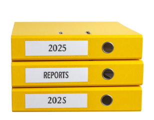 Stack of Yellow Folders – “2025 Reports” Organization Concept PNG