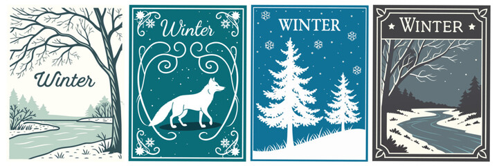 Fototapeta premium winter landscape set featuring forest scenes, snowy trees, and a wolf illustration on decorative panels for poster, greeting card and flyer