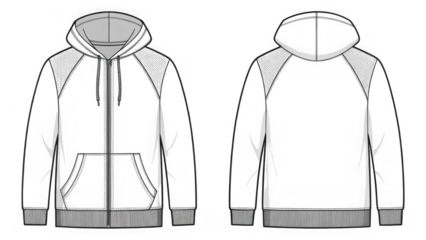 Fashion flat sketch of a zipup hoodie with textured shoulder detail, front and back view, isolated on transparent background