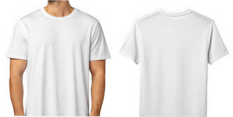 Front and back view of a plain white tshirt isolated on transparent background