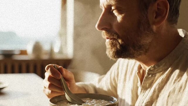 Bearded Man Eating Rice Congee Breakfast With Spoon in Morning Light