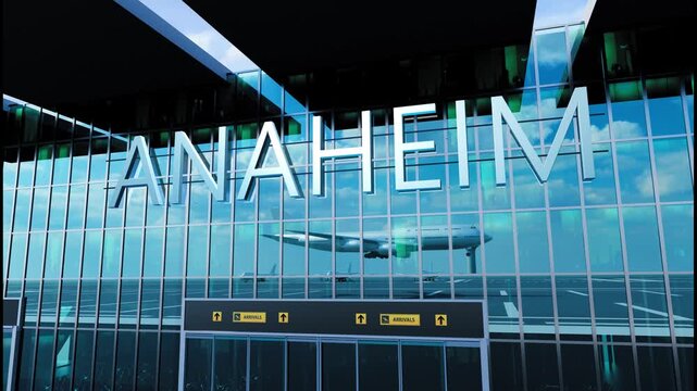 Airlane landing at Anaheim. Arrival in the city with reflection of airport and aircraft
