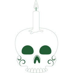 Green Outline Skull With Candle On Top And Dark Green Eye Sockets On White Background