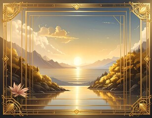 Serene lake landscape framed in gold during a golden sunrise