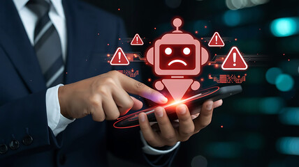 AI error message on phone screen with businessman showcasing the problem and technology