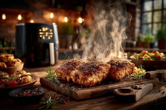 The device is cool on the air grill. The chicken is puffing because it has just been cooked.. Generative AI
