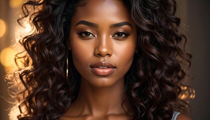 Fototapeta premium Portrait of a woman with dark skin, golden-brown eyes, and long, dark, curly hair, softly lit