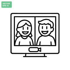 Cartoon illustration of a video call between two happy people on a computer screen
