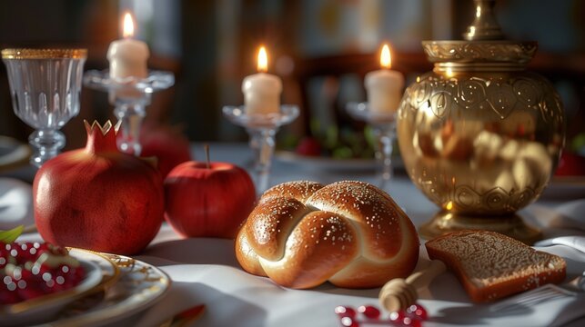 An elegant Rosh Hashanah dinner table, golden honey jar with wooden dipper, round challah bread with sesame seeds, fresh red apples, pomegranates cut open showing ruby seeds