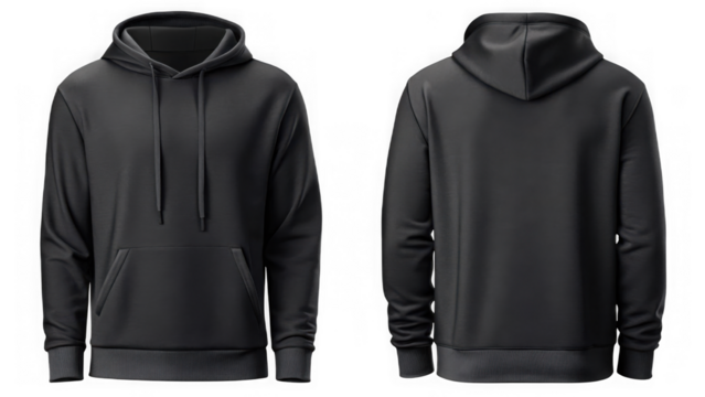 Plain black hoodie isolated on transparent background, front and back view