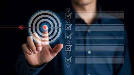 Man pointing at virtual target with checklist achieving goals and objectives in business and life