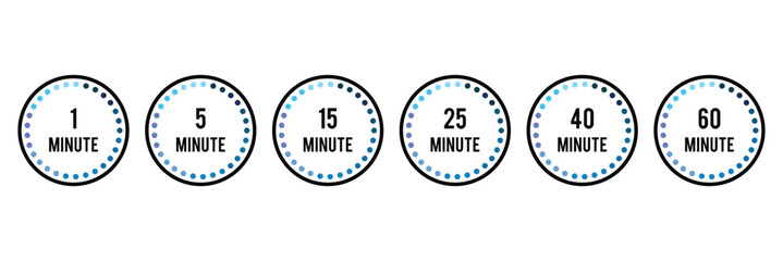 Naklejka premium Minute timer icons, vector set.1, 5, 15,25,40, 60 Minute timer icons set. Countdown timer symbol, vector, icon set. Timer, clock, stopwatch set, vector, silhouette icons. timer icon collection set
