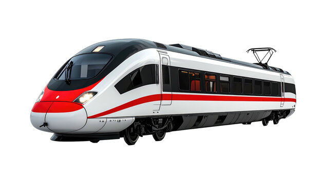 Streamlined high-speed train featuring a white body with red and black accents, against a dark backdrop