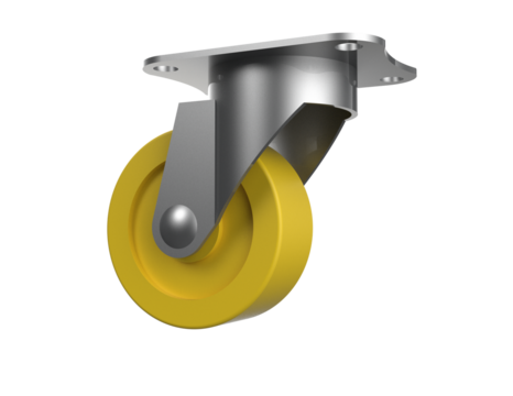 Hi-Res 3D Render of a Heavy-Duty Industrial Swivel Caster Wheel, featuring a Bright Yellow Polyurethane Tire and Grey Metal Mounting Plate. Essential equipment mobility hardware, isolated PNG cut-out