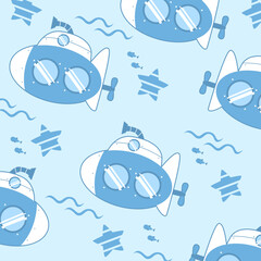 blue seamless pattern of submarine cartoon vector design for kids apparel fullprint fabric