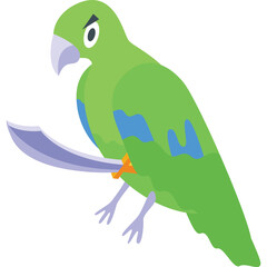 Green parrot with blue markings holding a curved sword with an orange band around its waist on a transparent background