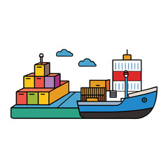 A bustling cargo port with towering cranes, stacked colorful containers, and ships loading and unloading goods under a bright sky, symbolizing global trade and connection.

