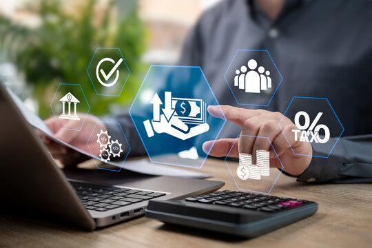 Corporate Payment and Expense Management System Software, Businessman Reviewing Financial Documents and Paying Online, Salary, Tax, Debt, and Fund Management for Efficient Business Accounting, Invoice