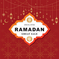 Lettering, Illustration Ramadan Sale, Up To 50% Off with This Stunning Promotion Banner Featuring Hanging, Vector Calligraphy Design, Usable for Poster, Banners, Postcards, Wallpaper, Gifts etc.