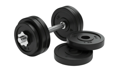 Black dumbbell with textured handle and plates next to extra weight discs on a solid black background