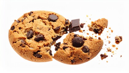 Broken chocolate chip cookie with scattered crumbs on white background.