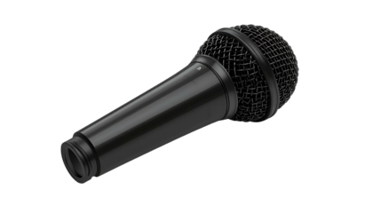 Sleek black microphone with a mesh head, angled on a dark background
