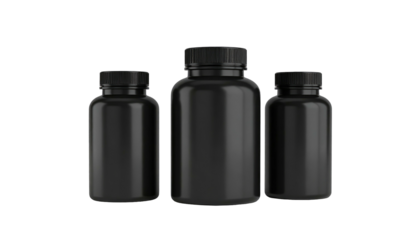 Three opaque black plastic pill bottles of varying sizes, set against a stark black background