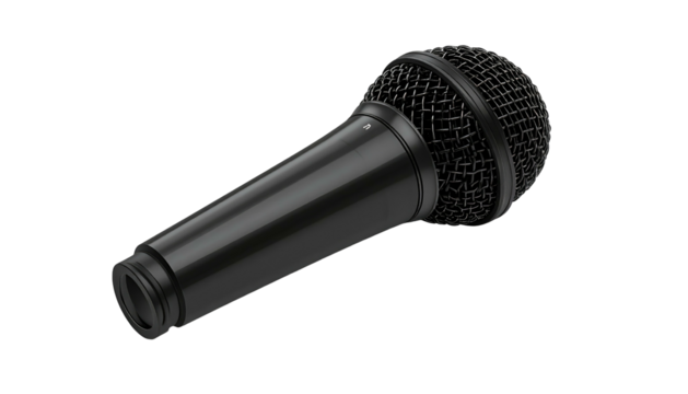 Sleek black microphone with a mesh head, angled on a dark background