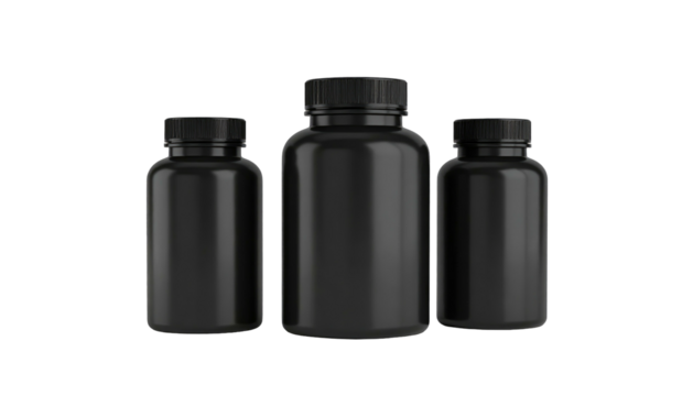 Three opaque black plastic pill bottles of varying sizes, set against a stark black background