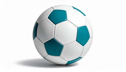 A soccer ball with alternating white and teal panels, featuring a stylized design on one teal section—isolated against a plain white background