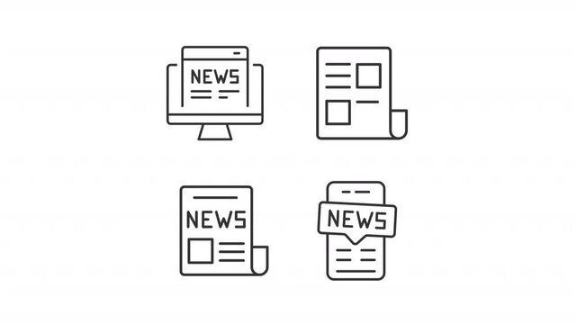 Online news line animation set. Modern journalism animated icons. Social media, free newspaper. Digital press, communication. Outline elements on white background. HD video with alpha channel