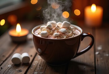 Delicious Hot Cocoa Steaming in Cozy Winter Mug with Marshmallows on Rustic Wooden Table