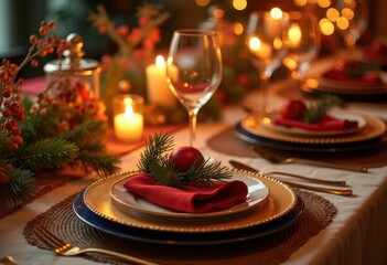 Fototapeta premium Elegant Festive Table Setting with Seasonal Decor Vibrant Colors Natural Elements Holiday Cheer Tableware Centerpiece