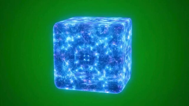 Mysterious glowing blue cube radiates energy against a vibrant green background.