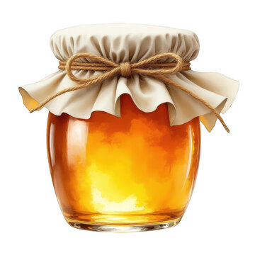 Rich golden honey jar with rustic fabric lid and twine decoration isolated on transparent background