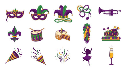 Fototapeta premium Bold Pop Art Set of 15 Carnival Mardi Gras Vector Silhouettes in Purples Greens and Gold_transparent.svg