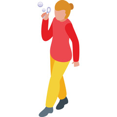 A Person With Blonde Hair Wearing A Red Long Sleeved Shirt And Yellow Pants Blowing Bubbles With A Bubble Wand In A White Isolated Background