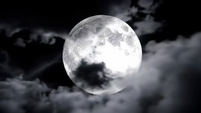 A majestic, luminous full moon with cratered surface glows intensely in a deep, inky black night sky as dark storm clouds swirl and create dramatic silver rim lighting. Tranquil cosmic scene