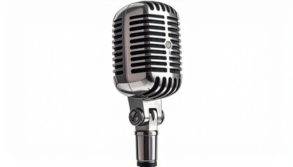 &ldquo;Vintage-style metallic microphone with horizontal grille lines and rounded top, mounted on stand with cable, retro broadcast aesthetic&rdquo;