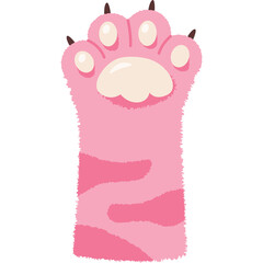 A pink cat paw with soft fur texture and light pink stripes raised up with a white background and transparent PNG format