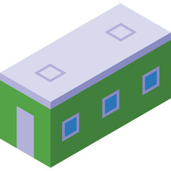 Green rectangular building with purple roof and blue windows isometric vector illustration isolated on white background